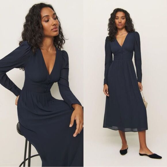 Reformation Liara Dress in Navy - Picture 1 of 8